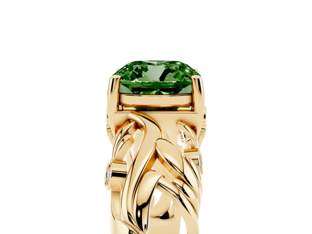 Fancy Green Cushion Cut Solitaire Diamond Leaf-Inspired Vine Band Ring with Prong Setting Yellow gold