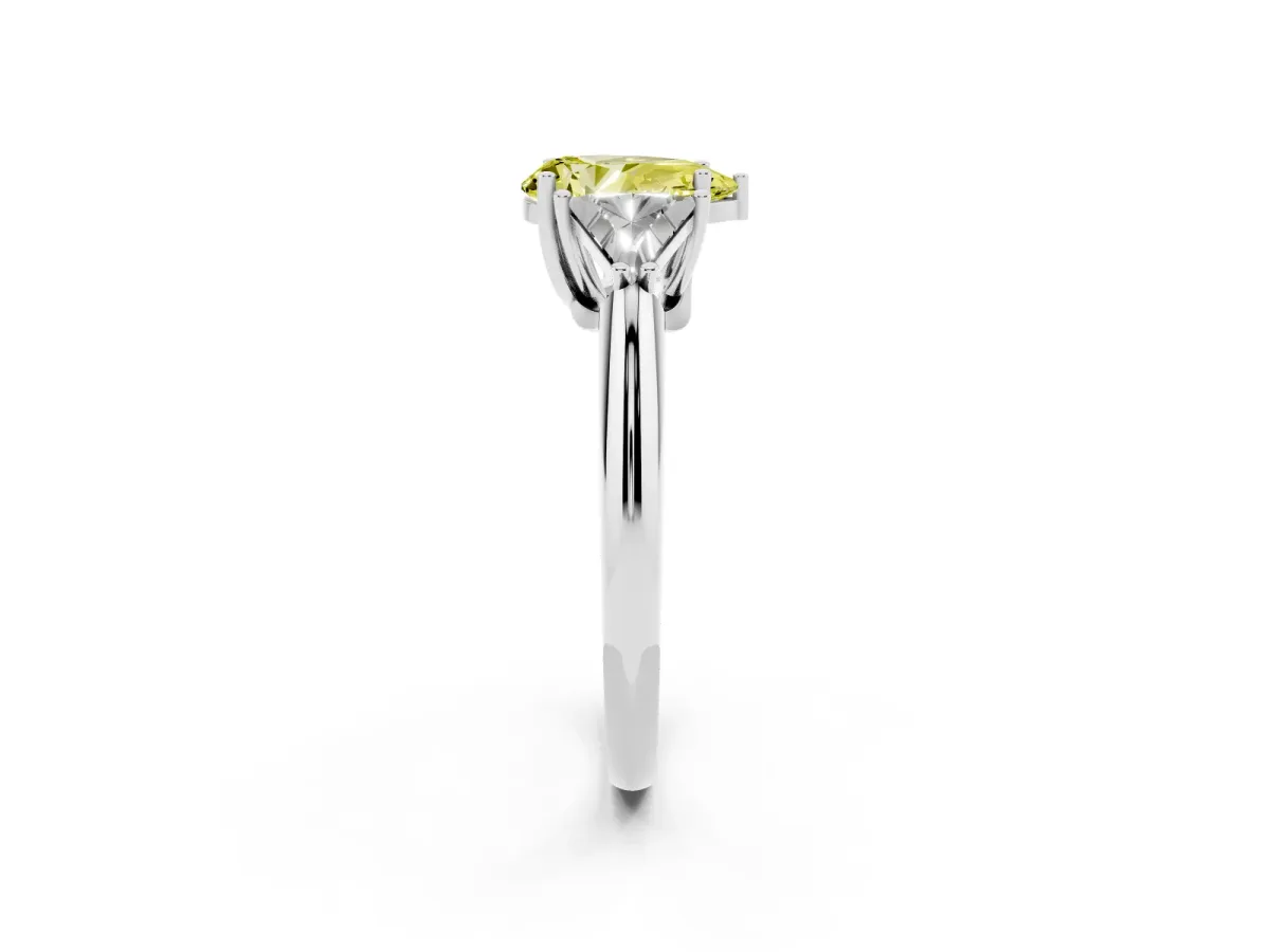 Fancy Yellow Three-Stone Pear Cut Diamond Engagement Ring with Trillion Side Stones and Prong Setting Silver