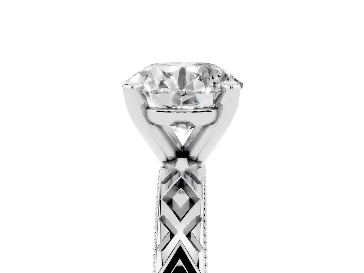 Round Cut Solitaire Diamond Ring with Milgrain and Black Enamel X Pattern Band Silver