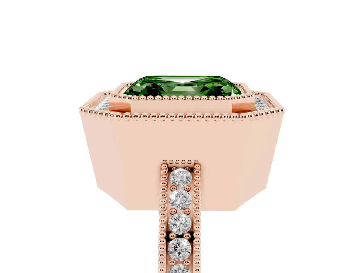 Fancy Green Asscher Cut Cut Halo Diamond Ring with Pavé Band and Milgrain Prong Setting Rose gold