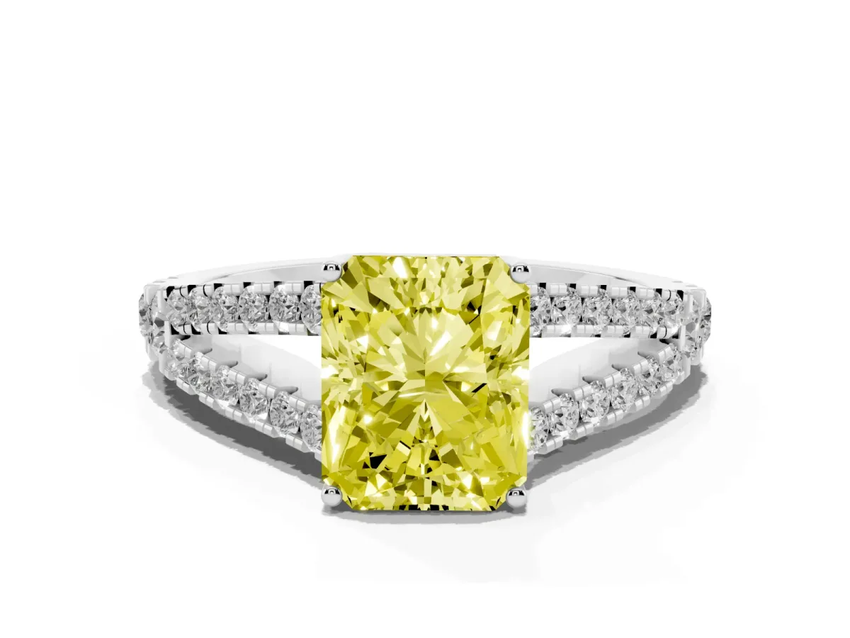 Fancy Yellow Radiant Cut Diamond Split Shank Pavé Engagement Ring with Four-Prong Setting Platinum