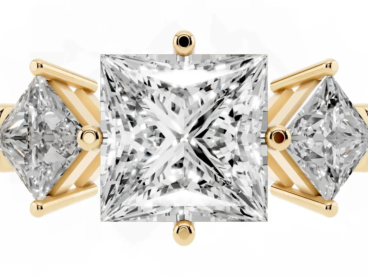 Three-Stone Princess Cut and Princess Cut Diamond Ring with Channel Band and Four-Prong Setting Yellow gold