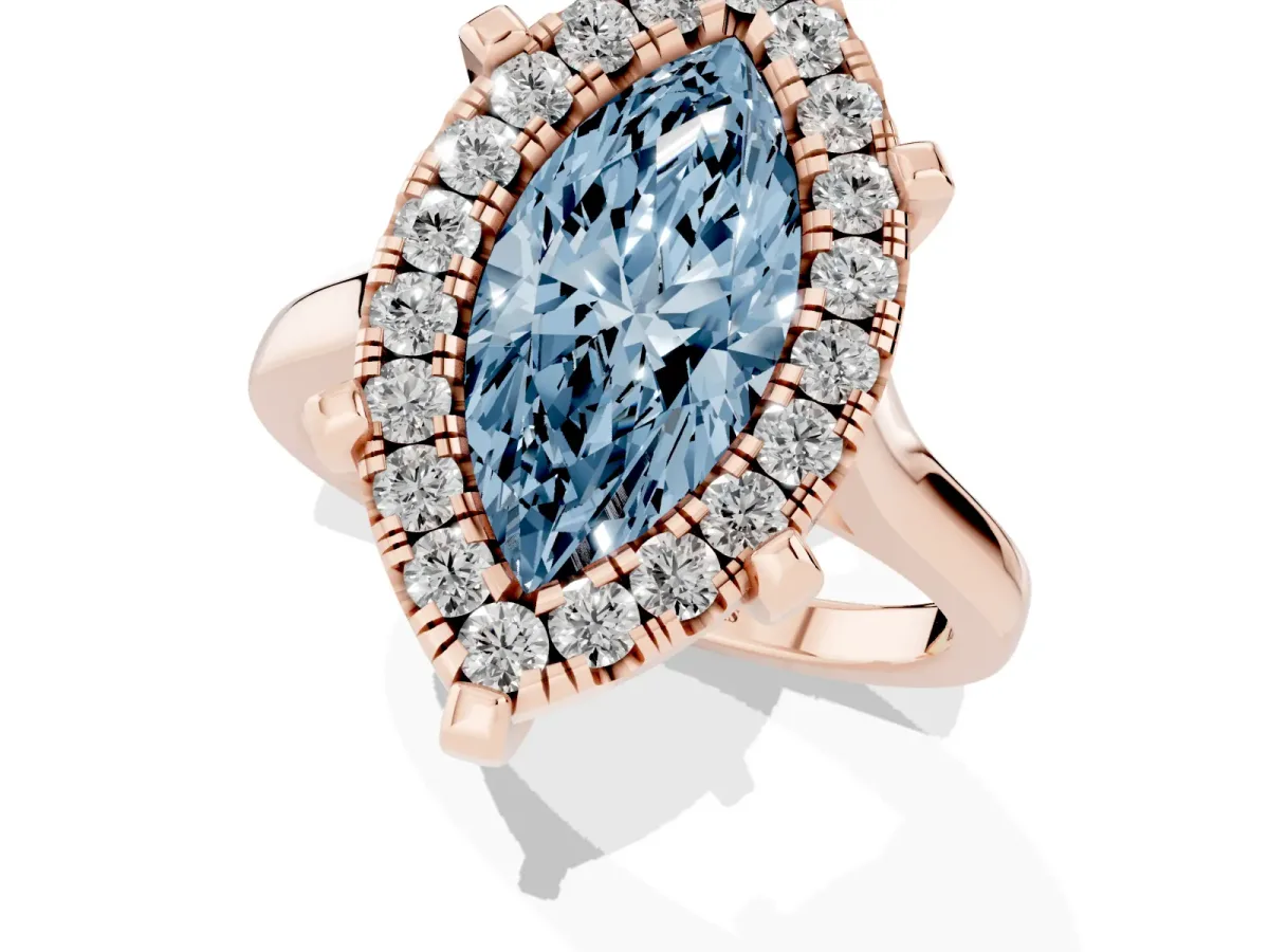 Fancy Blue Marquise Cut Diamond Cluster Halo Solitaire with Four-Prong Setting Rose gold