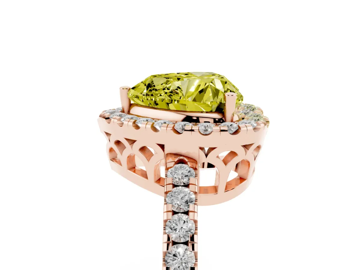 Fancy Yellow Heart Cut Halo Diamond Engagement Ring with Pavé Band and Four-Prong Setting Rose gold