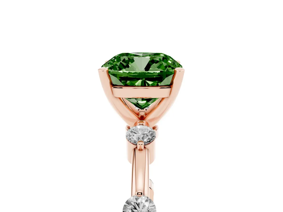 Fancy Green Cushion Cut Solitaire Diamond Ring with Bezel Set Side Stones and Prong Setting Rose gold