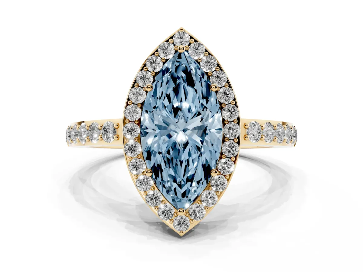Fancy Blue Marquise Cut Halo Diamond Pavé Band Ring with Prong Setting Yellow gold