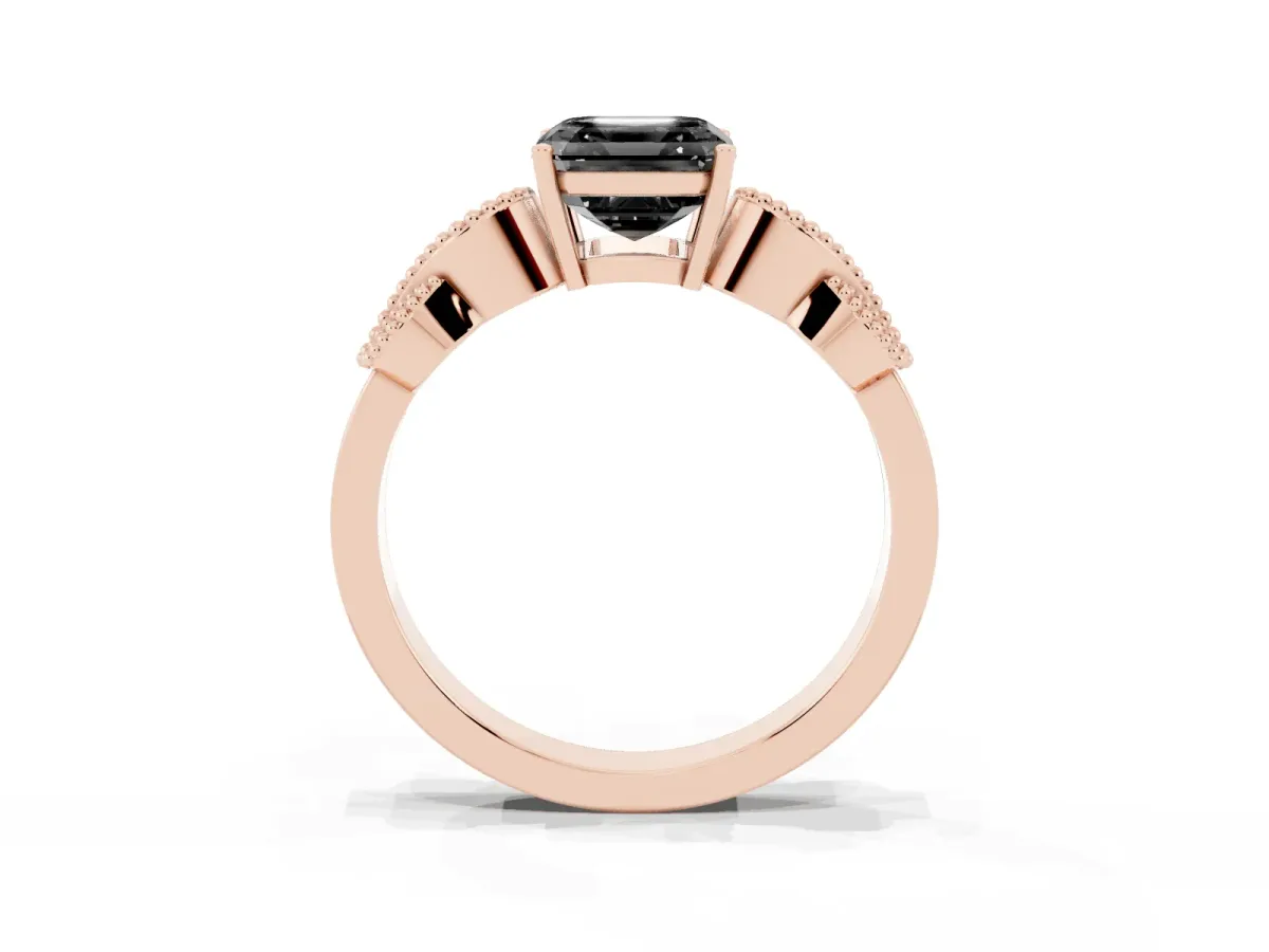 Fancy Black Asscher Cut Solitaire Milgrain Leaf Band with Prong Setting Rose gold