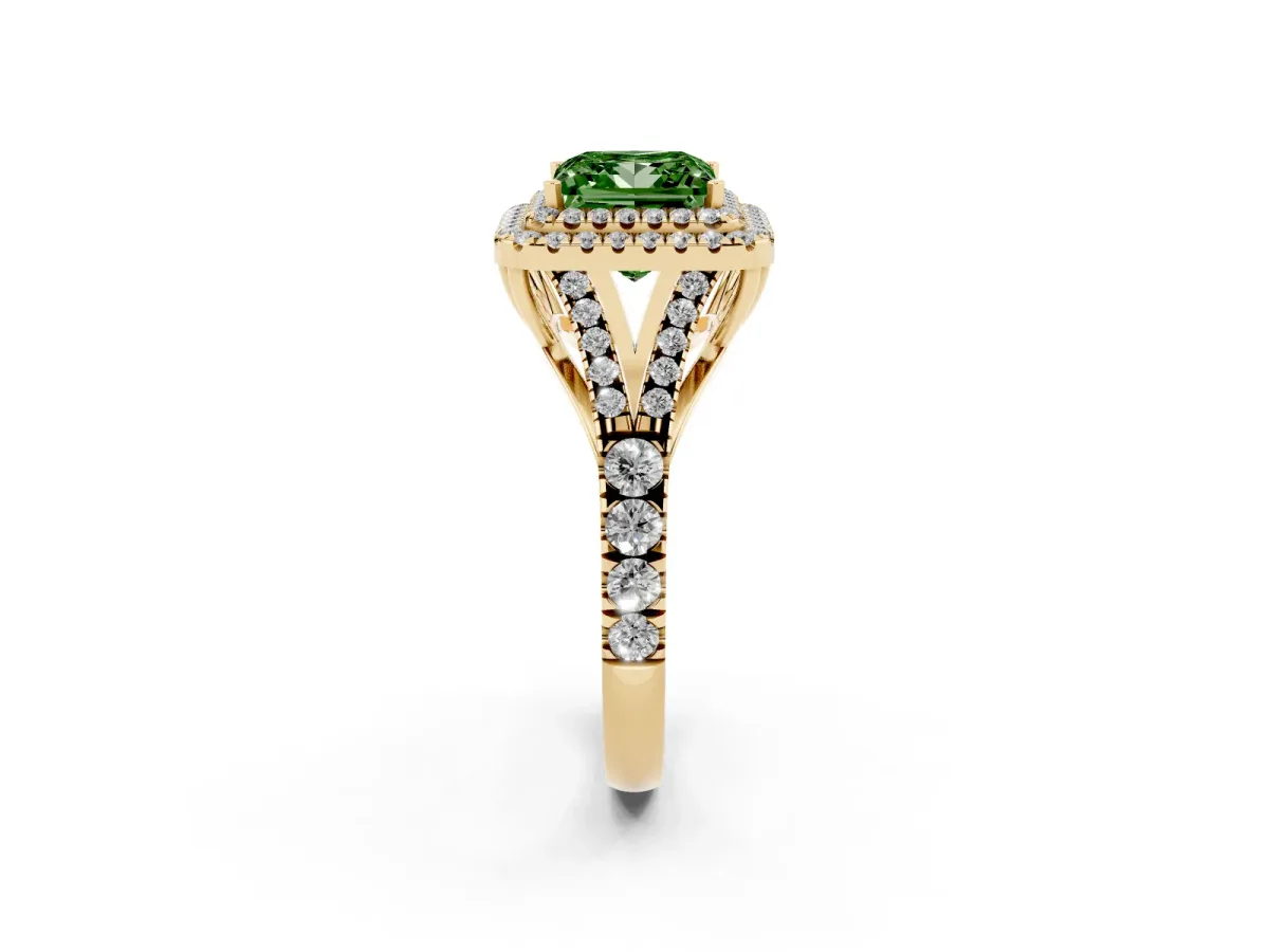 Fancy Green Double Halo Princess Cut Diamond Split Shank Engagement Ring with Four-Prong Setting Yellow gold