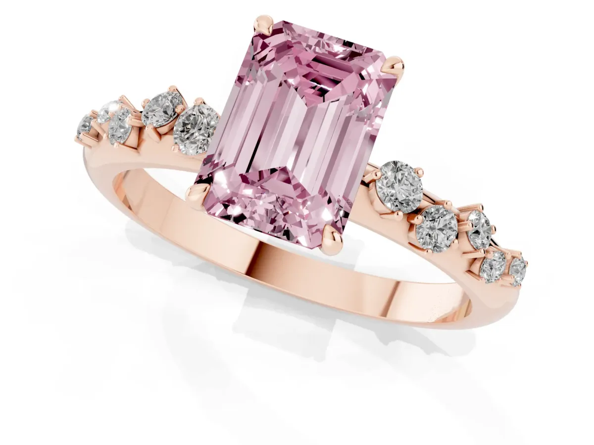 Fancy Pink Emerald Cut Diamond Cluster Prong-Set Solitaire Ring Rose gold