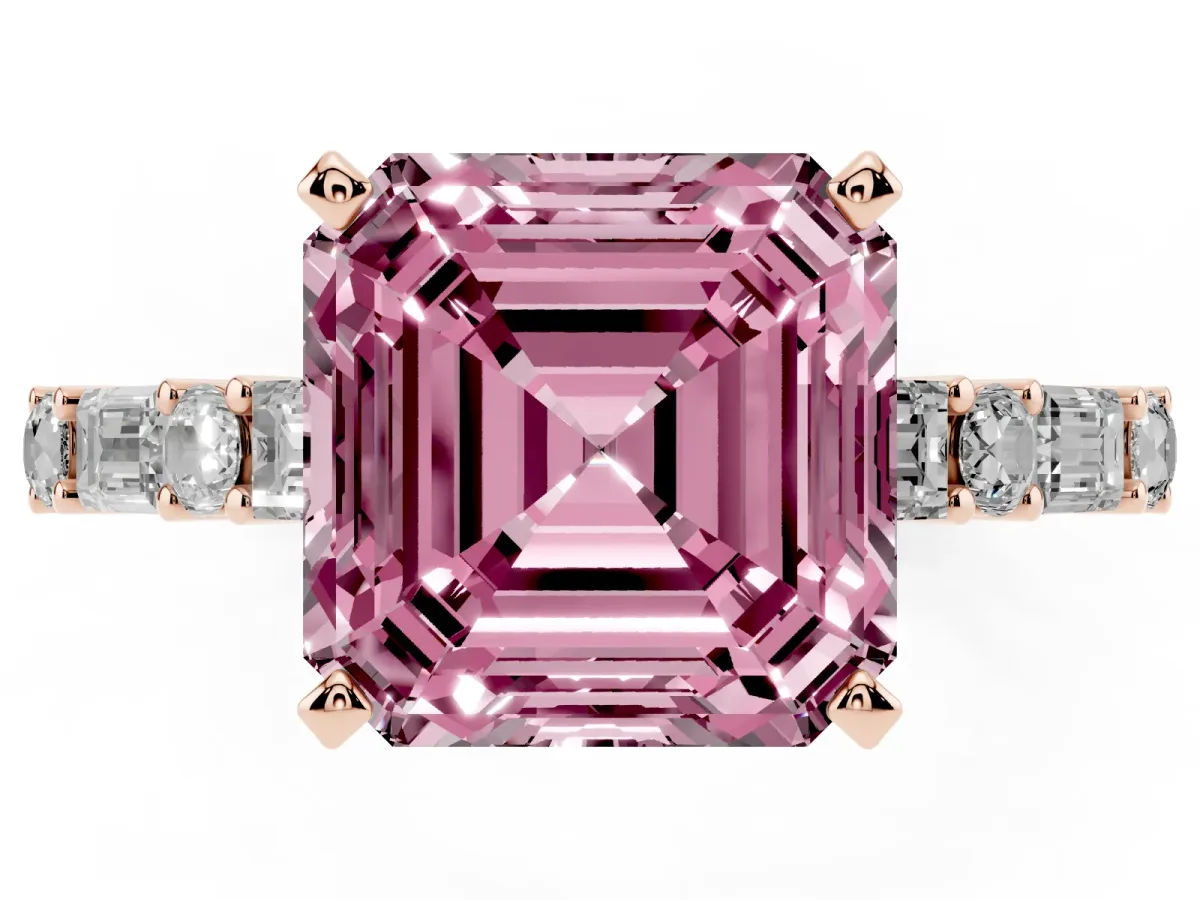 Fancy Pink Asscher Cut Diamond Solitaire with Side Baguettes and Channel Set Band Rose gold