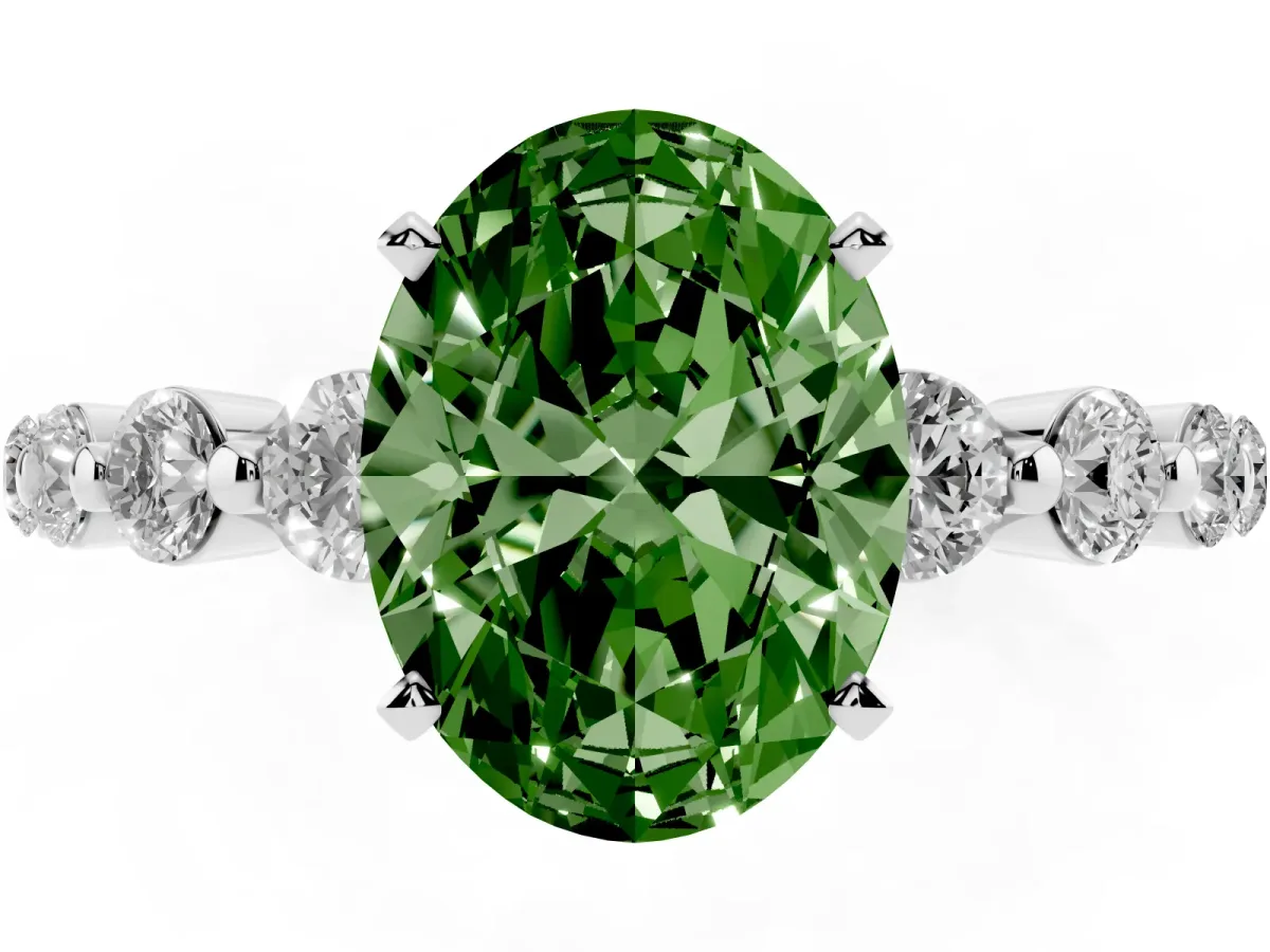 Fancy Green Oval Cut Solitaire Diamond Ring with Pave Band and Four-Prong Setting Silver