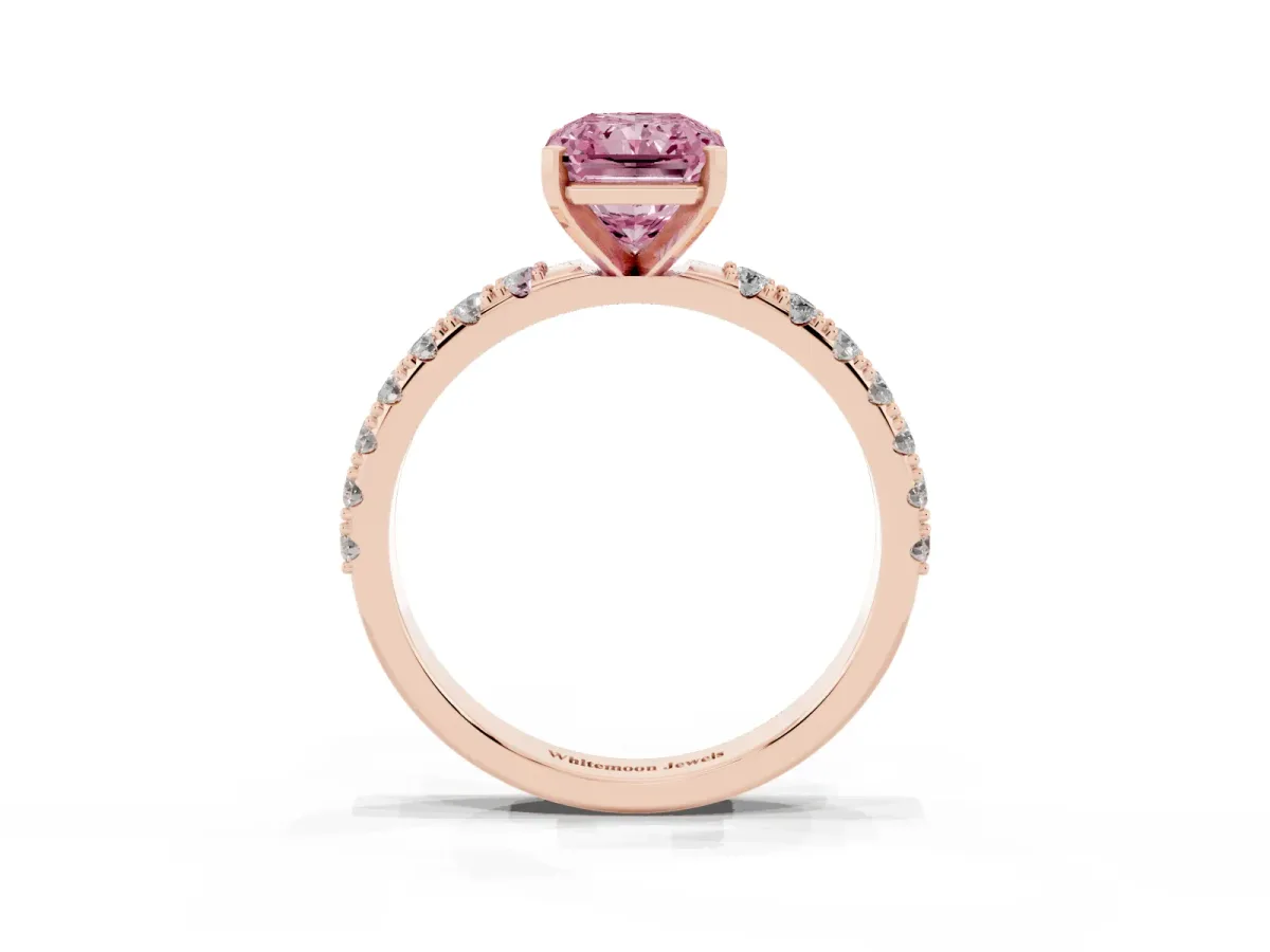 Fancy Pink Radiant Cut Diamond Solitaire Pavé Band with Four-Prong Setting Rose gold