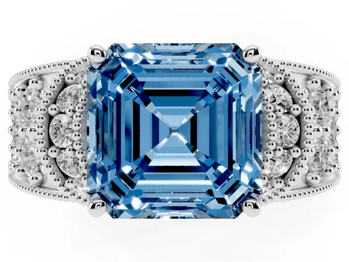 Fancy Blue Asscher Cut Halo Pave Diamond Engagement Ring with Milgrain Detailing Platinum