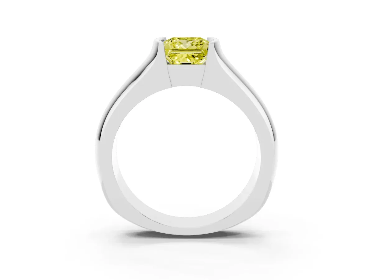 Fancy Yellow Princess Cut Solitaire Bezel Set Diamond Ring with Wide Band Platinum