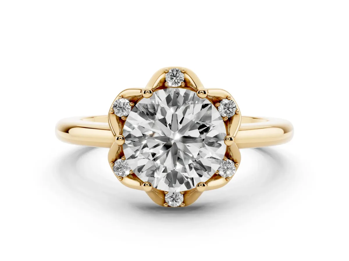 Round Cut Halo Diamond Ring with Round Cluster Setting, Solitaire Band, and Four-Prong Setting Yellow gold