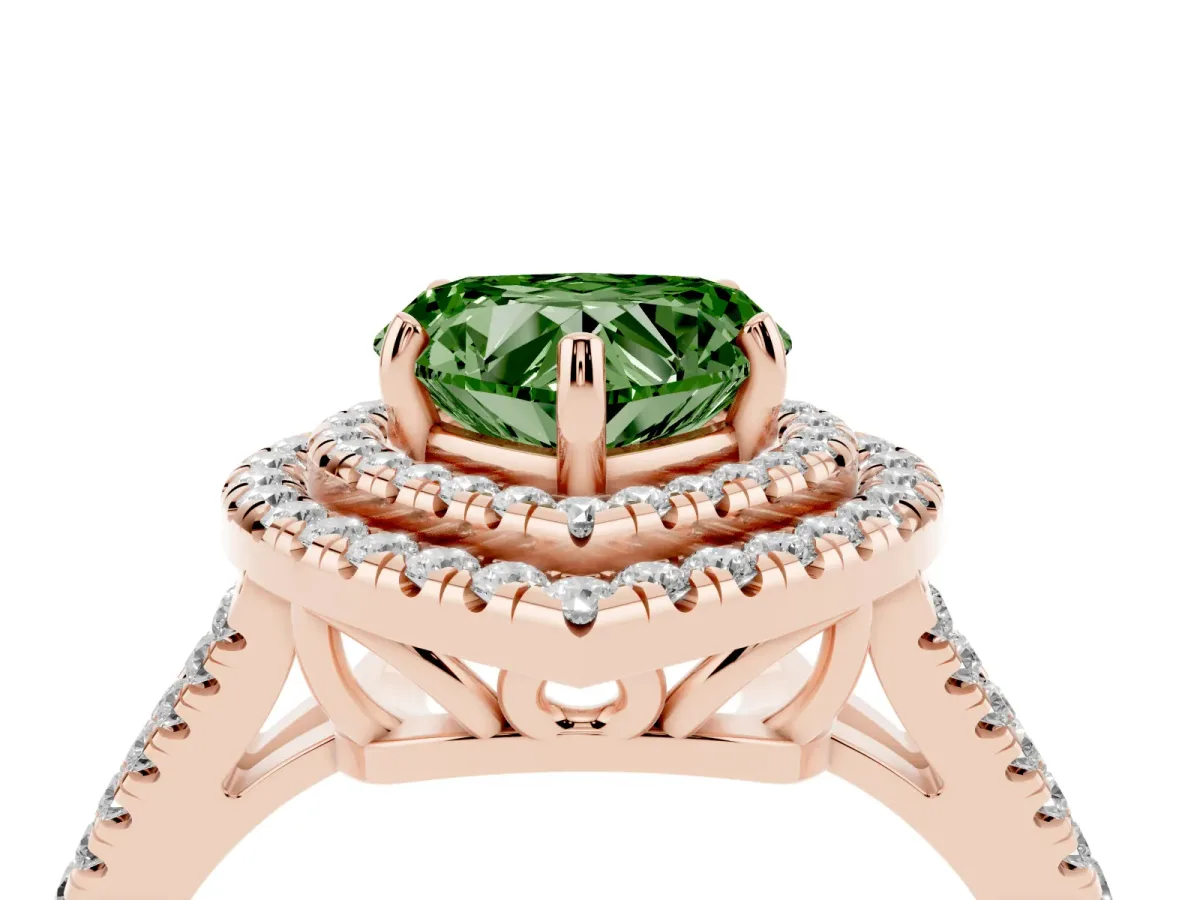 Fancy Green Heart Cut Diamond Double Halo Ring with Pavé Band and Prong Setting Rose gold