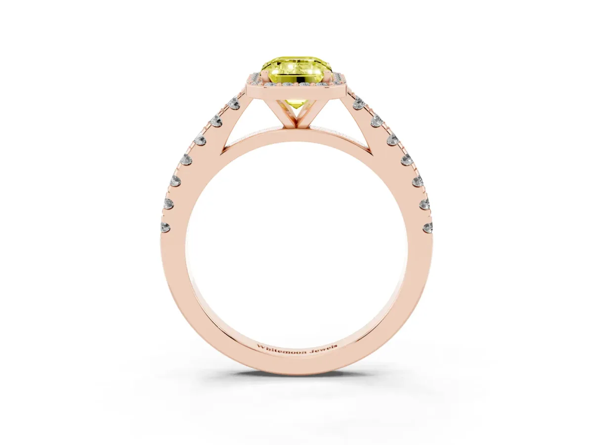 Fancy Yellow Emerald Cut Cut Halo Diamond Engagement Ring with Pave Band and Four-Prong Setting Rose gold