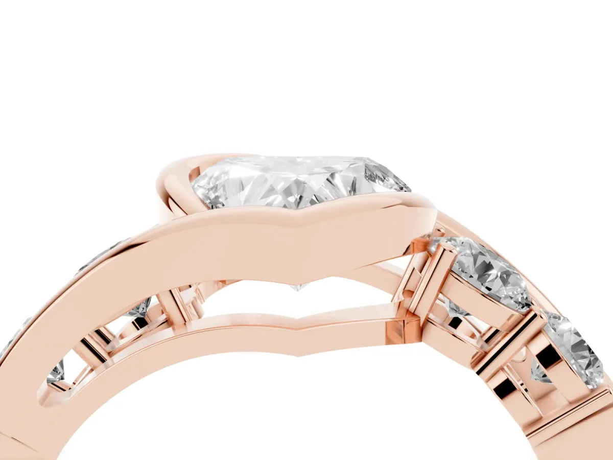 Bezel Set Heart Cut Diamond Bypass Ring with Round Accents Rose gold