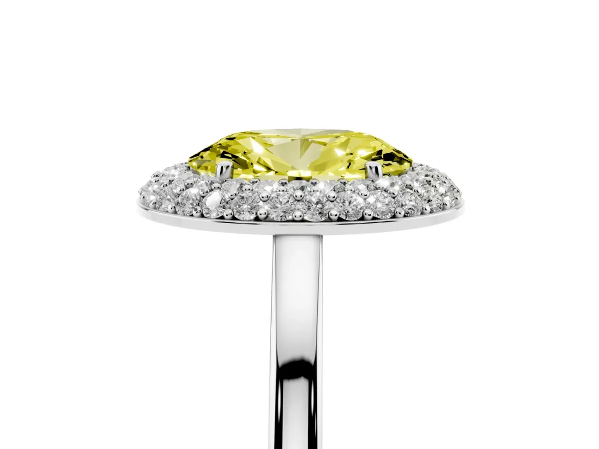 Fancy Yellow Oval Cut Halo Diamond Engagement Ring with Solitaire Band and Four-Prong Setting Platinum