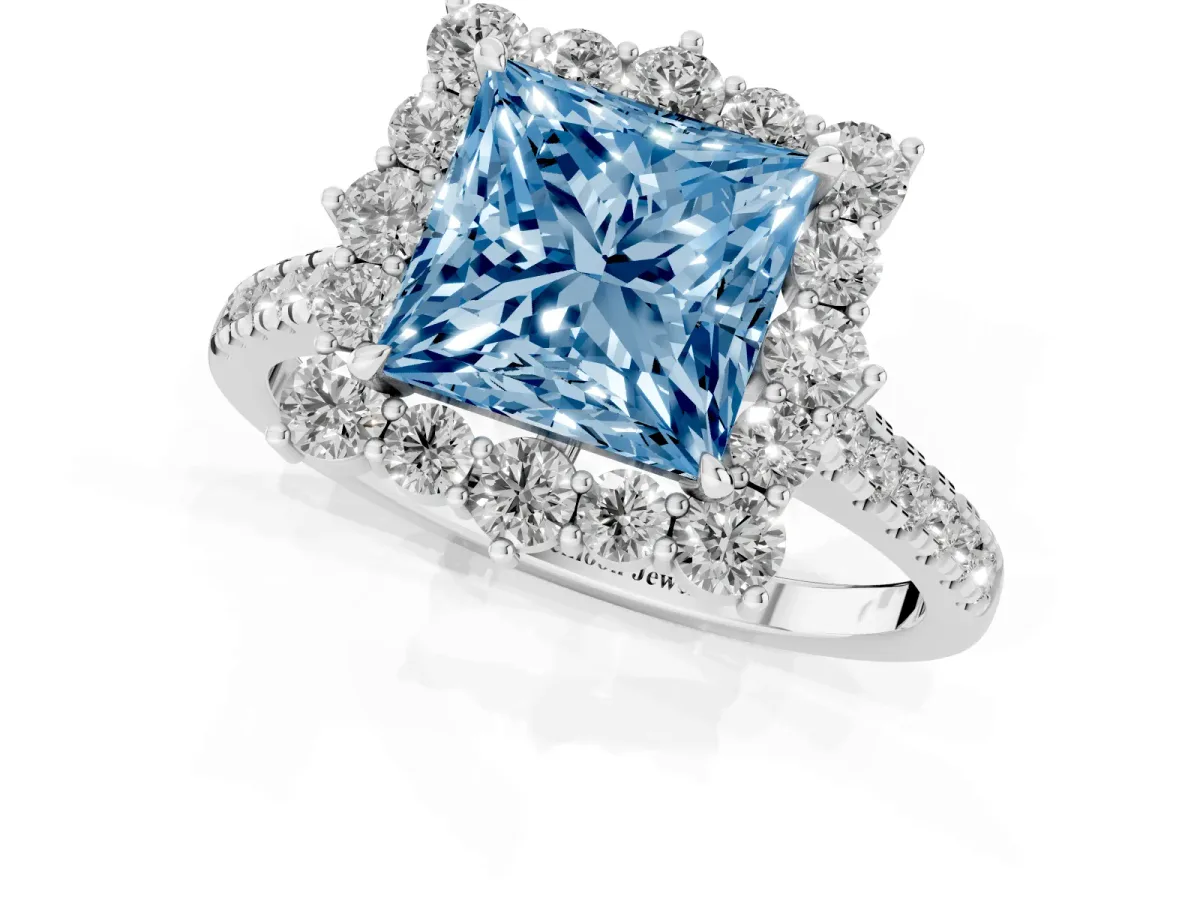 Fancy Blue Princess Cut Halo Diamond Ring with Pavé Band and Prong Setting Platinum