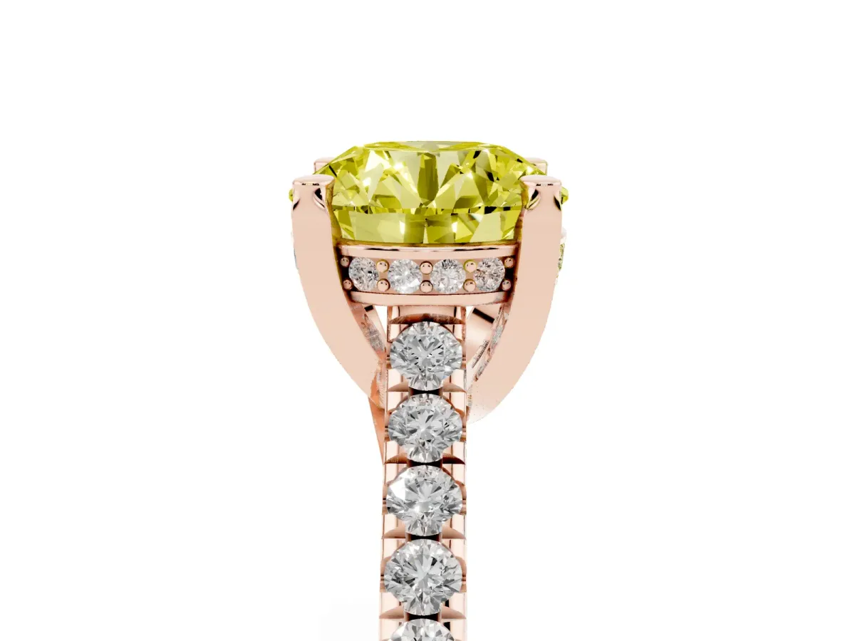 Fancy Yellow Round Cut Brilliant Diamond Solitaire with Pavé Band and Four-Prong Setting Rose gold