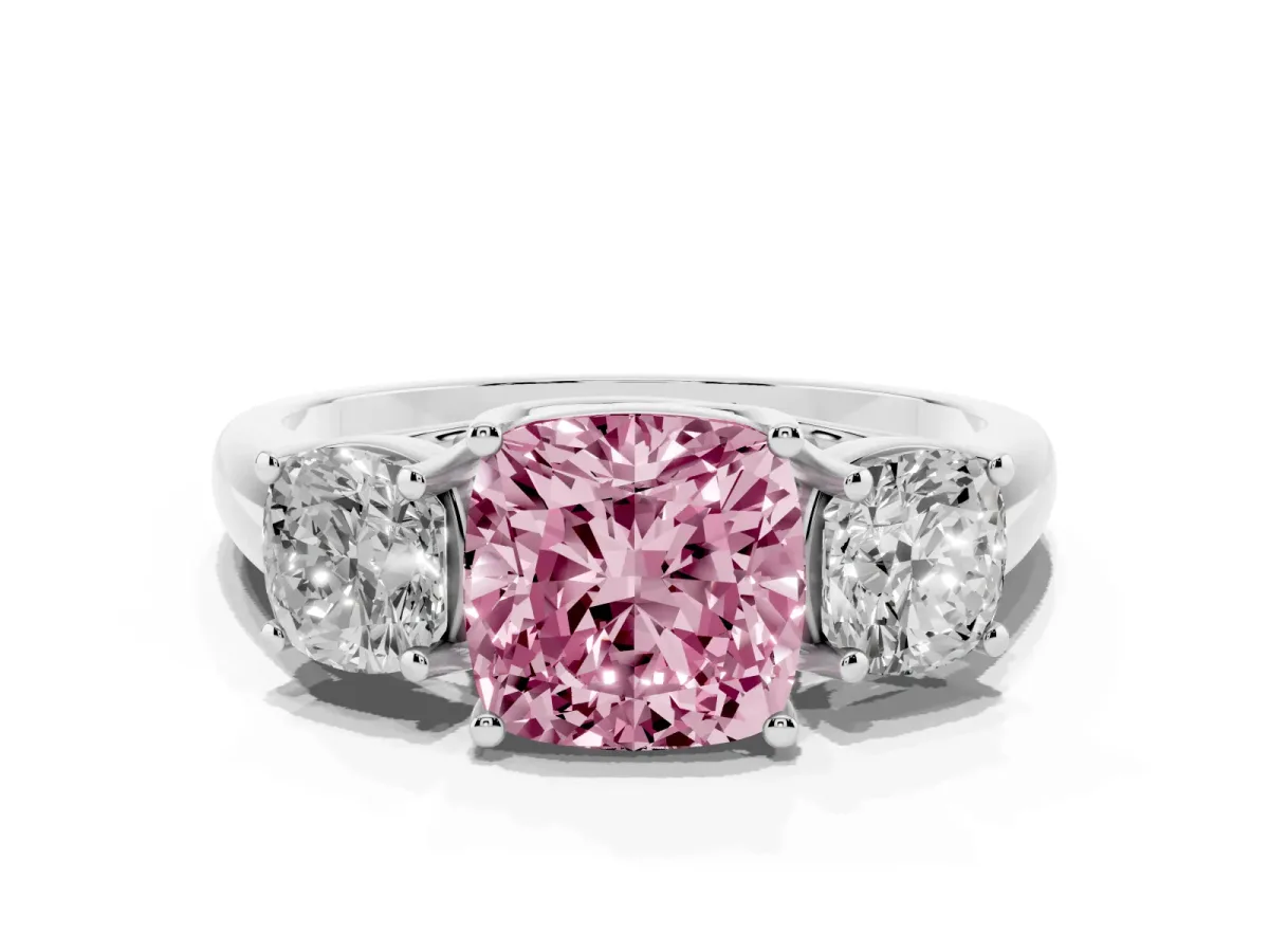 Fancy Pink Three-Stone Cushion Cut Diamond Engagement Ring with Prong Setting Platinum