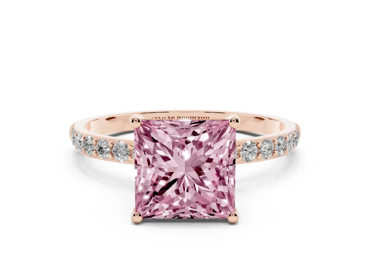 Fancy Pink Princess Cut Diamond Solitaire Ring with Round Pavé Shoulders and Prong Setting Rose gold