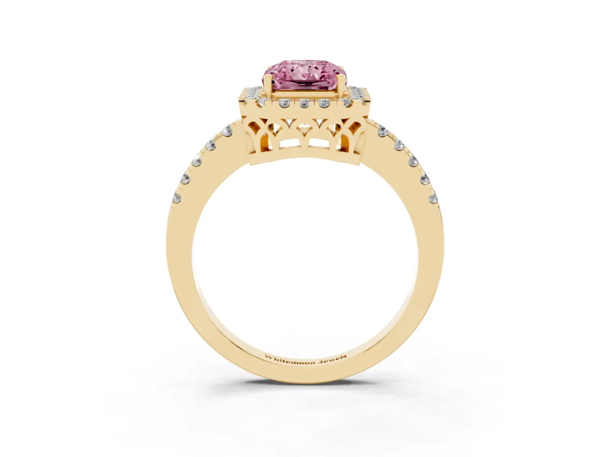 Fancy Pink Radiant Cut Halo Diamond Engagement Ring with Pavé Band and Four-Prong Setting Yellow gold