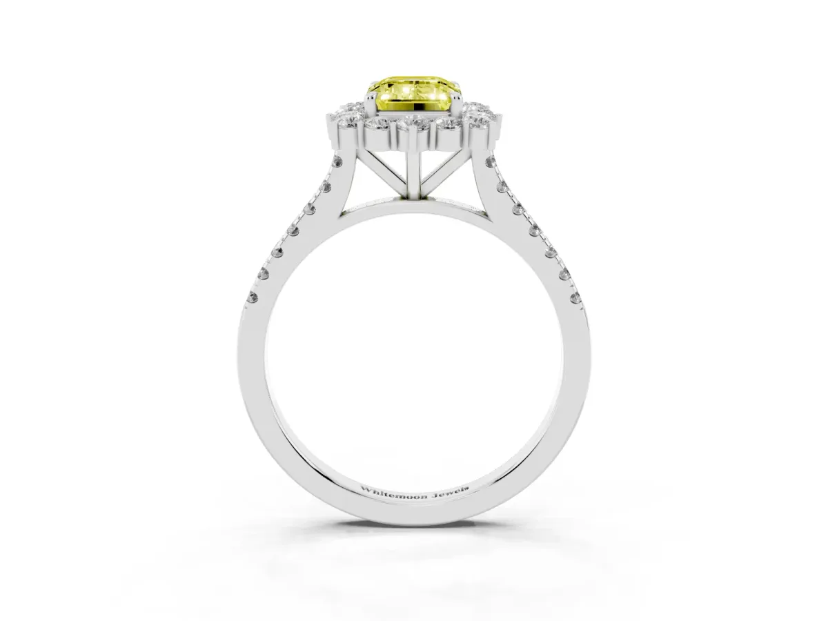 Fancy Yellow Emerald Cut Halo Diamond Ring with Pavé Band and Prong Setting Silver