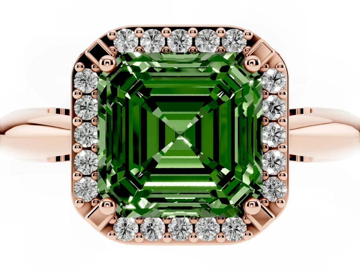 Fancy Green Asscher Cut Cut Diamond Halo Engagement Ring with Split Shank and Four-Prong Setting Rose gold