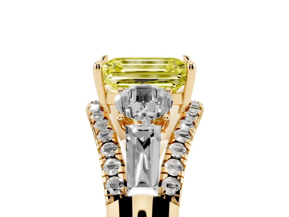 Fancy Yellow Three-Stone Emerald Cut Diamond Engagement Ring with Pave Band and Prong Setting Yellow gold