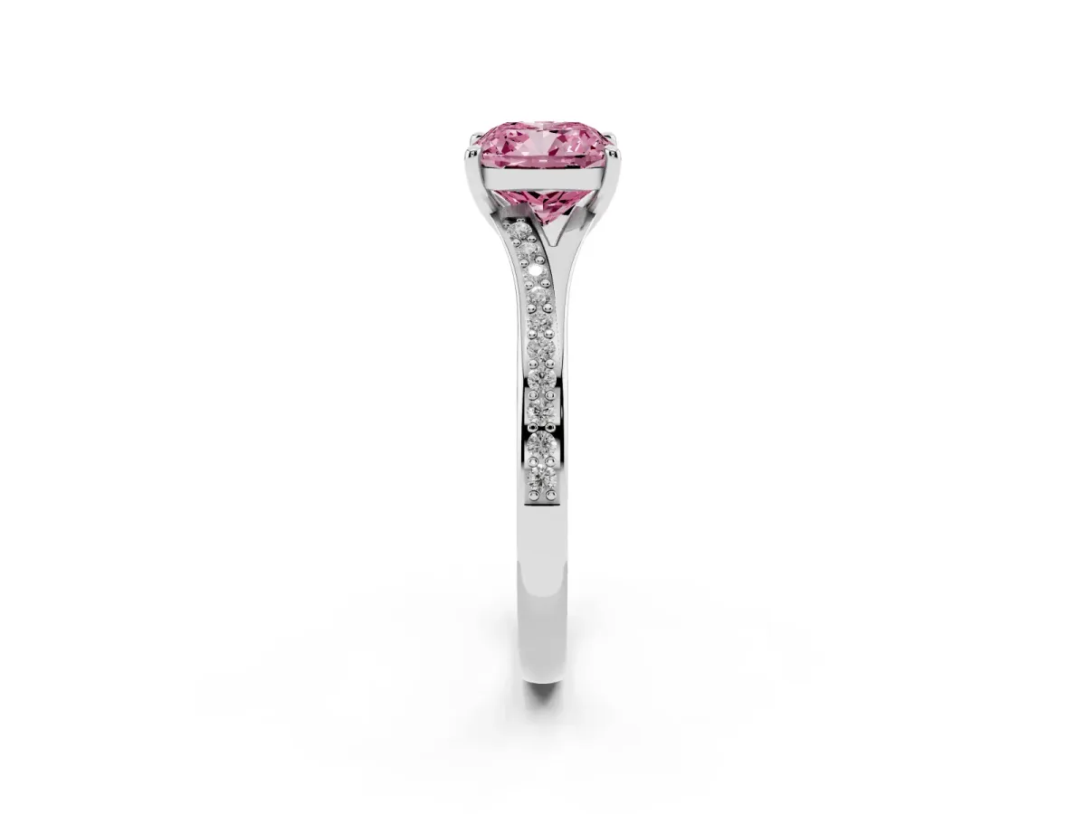Fancy Pink Cushion Cut Diamond Solitaire Ring with Pavé Band and Prong Setting Silver