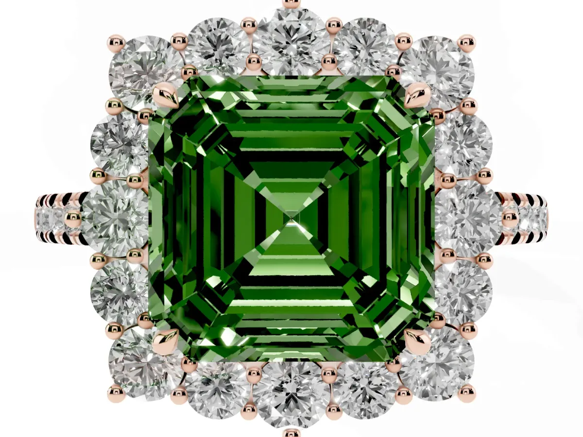 Fancy Green Asscher Cut Halo Diamond Ring with Pavé Band and Prong Setting Rose gold