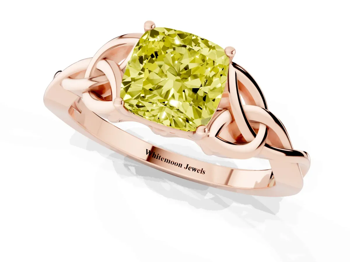 Fancy Yellow Cushion Cut Diamond Solitaire Engagement Ring with Celtic Knot Band and Four-Prong Setting Rose gold