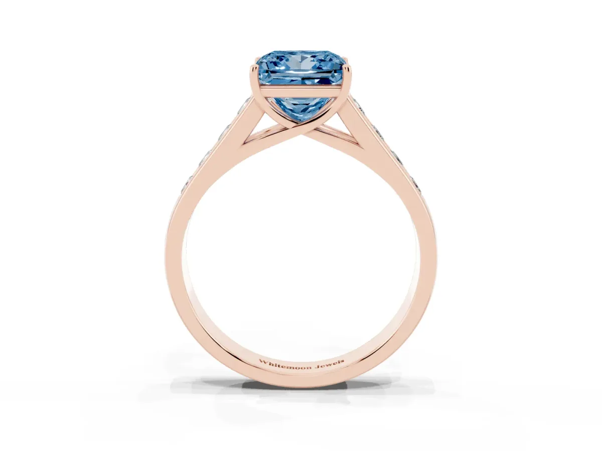 Fancy Blue Princess Cut Brilliant Channel-Set Solitaire Ring with Four-Prong Setting Rose gold