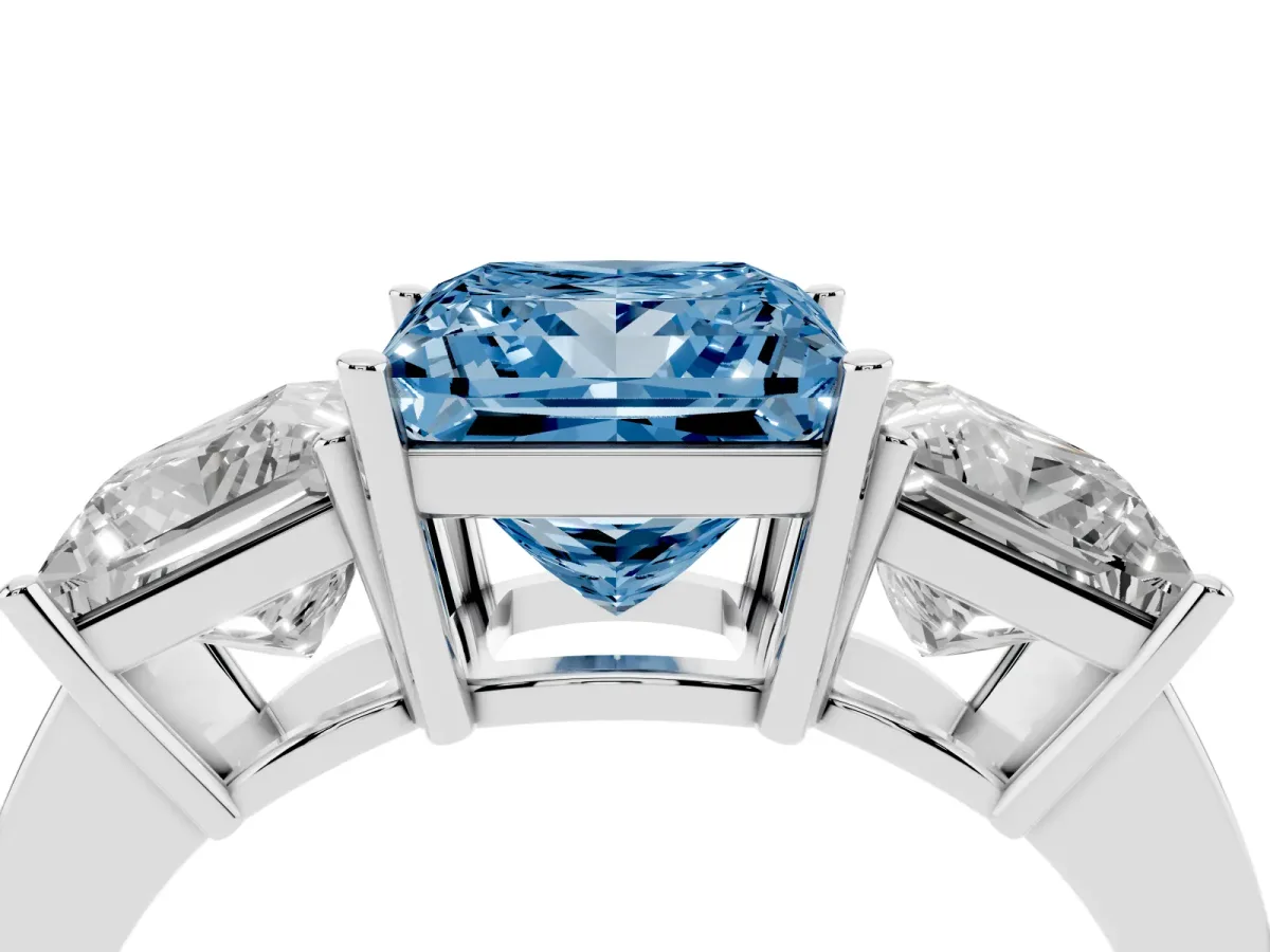 Fancy Blue Three-Stone Princess Cut Cut Diamond Engagement Ring with Flat Band and Four-Prong Setting Silver