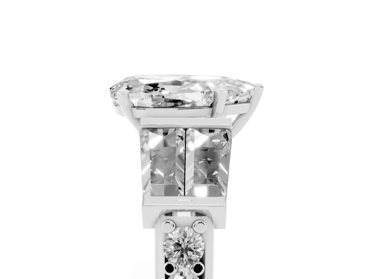 Pear Cut Diamond Engagement Ring with Baguette Side Stones and Channel Set Band Platinum
