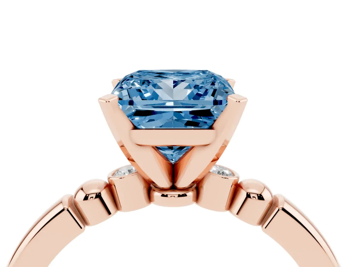 Fancy Blue Princess Cut Solitaire Beaded Band with Four-Prong Setting Rose gold
