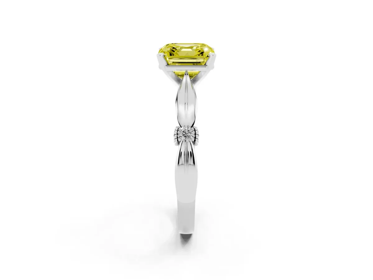 Fancy Yellow Asscher Cut Solitaire Diamond Twisted Band with Four-Prong Setting Silver
