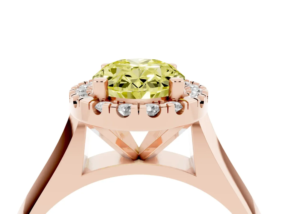 Fancy Yellow Oval Cut Cut Halo Solitaire Engagement Ring with Square Band and Four-Prong Setting Rose gold