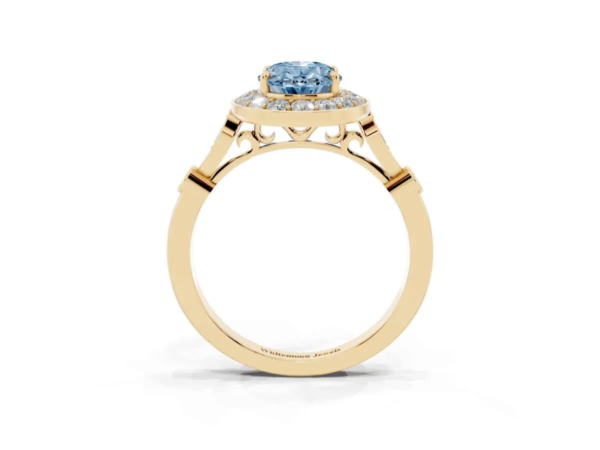 Fancy Blue Oval Cut Halo Diamond Engagement Ring with Twisted Band and Four-Prong Setting Yellow gold
