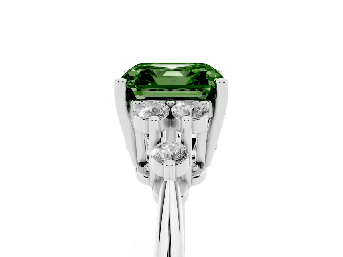 Fancy Green Asscher Cut Cut Diamond Cluster Ring with Solitaire Band and Four-Prong Setting Silver