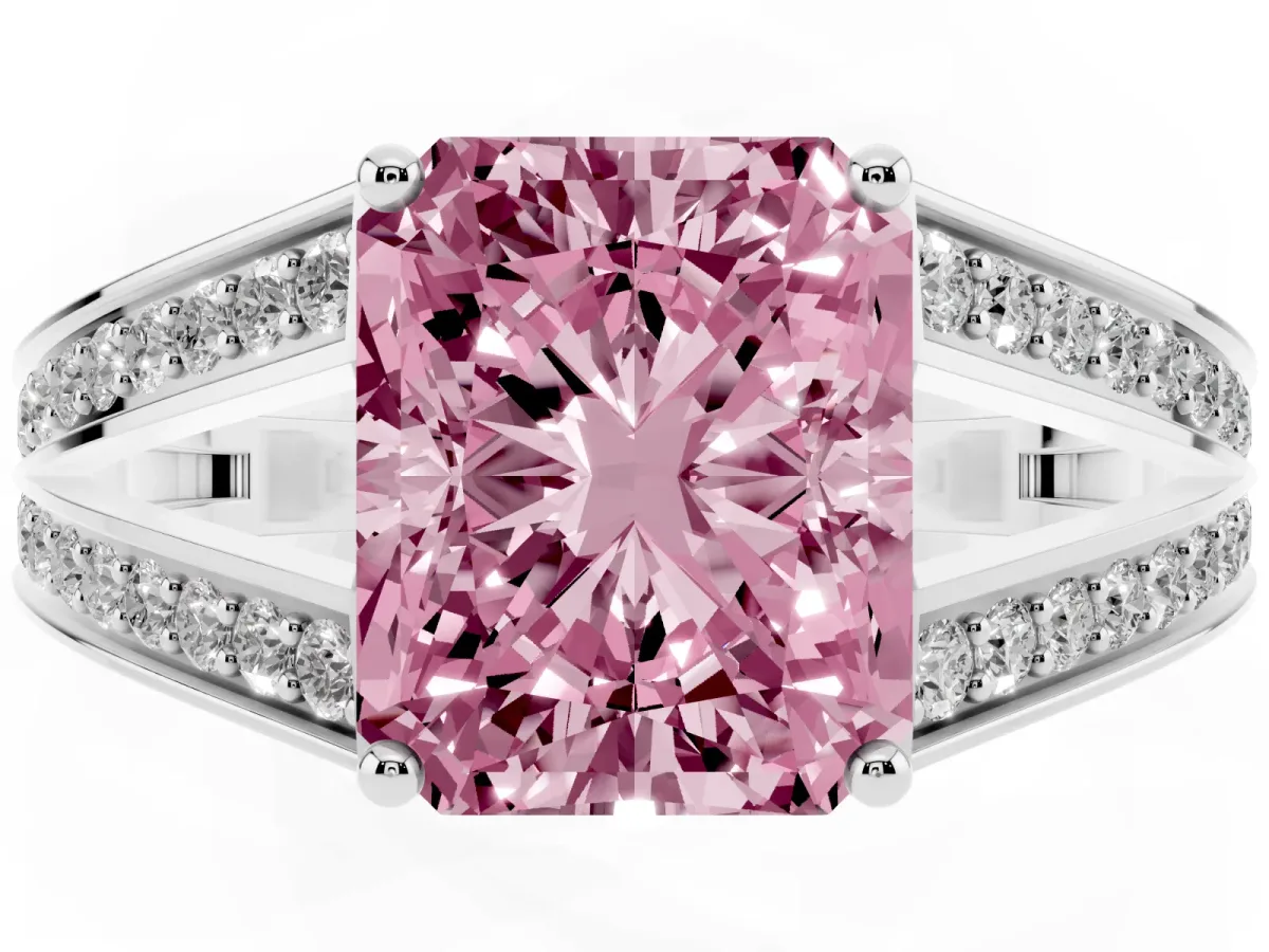 Fancy Pink Radiant Cut Diamond Split Shank Ring with Pavé Band and Four-Prong Setting White gold