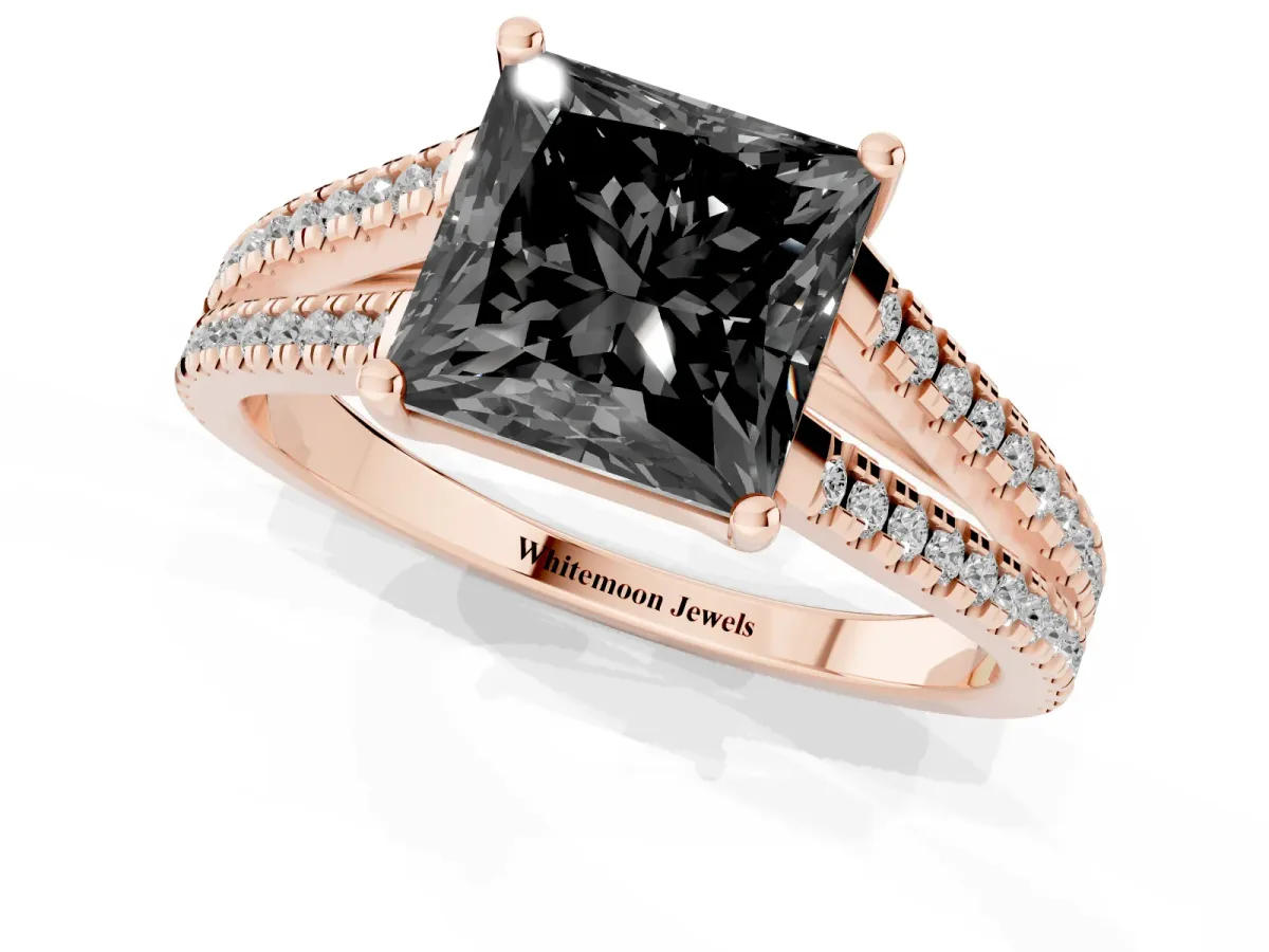 Fancy Black Princess Cut Diamond Solitaire Engagement Ring with Split Shank Pavé Band Rose gold