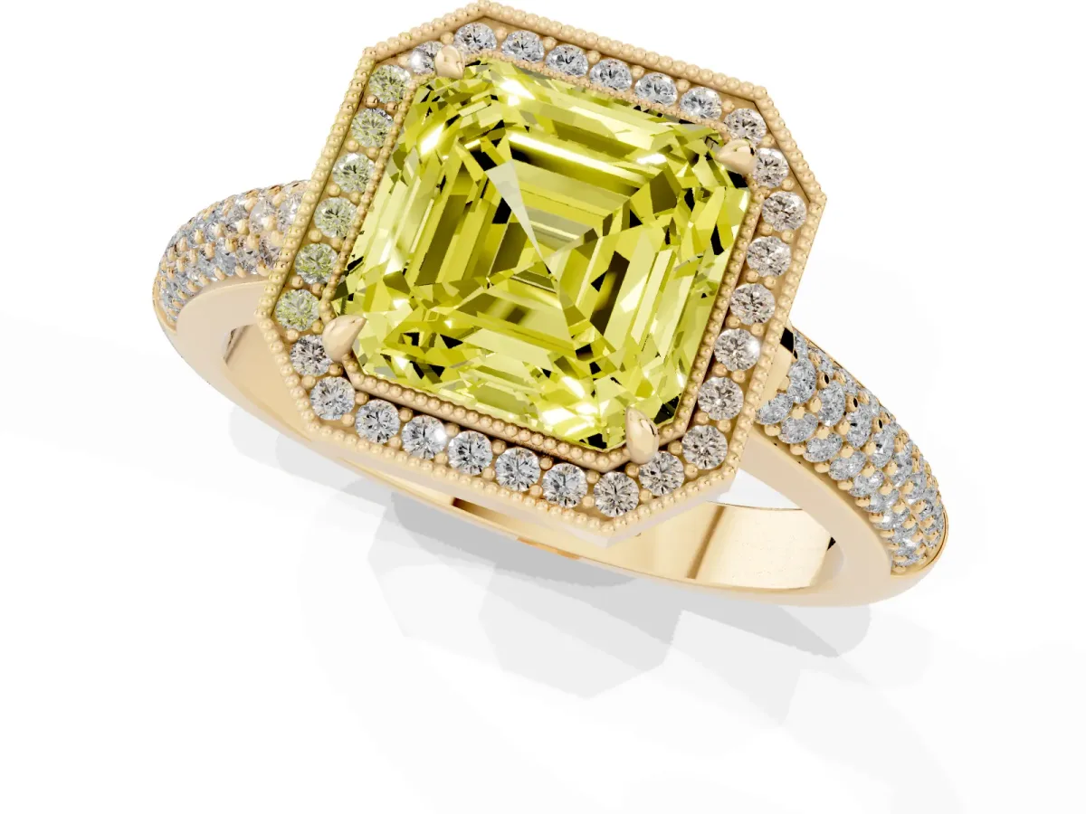 Fancy Yellow Asscher Cut Cut Halo Diamond Pave Band with Four-Prong Setting Yellow gold