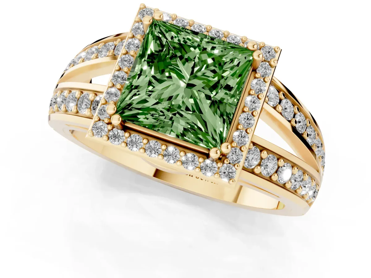 Fancy Green Princess Cut Diamond Halo Ring with Split Shank Pavé Band and Four-Prong Setting Yellow gold
