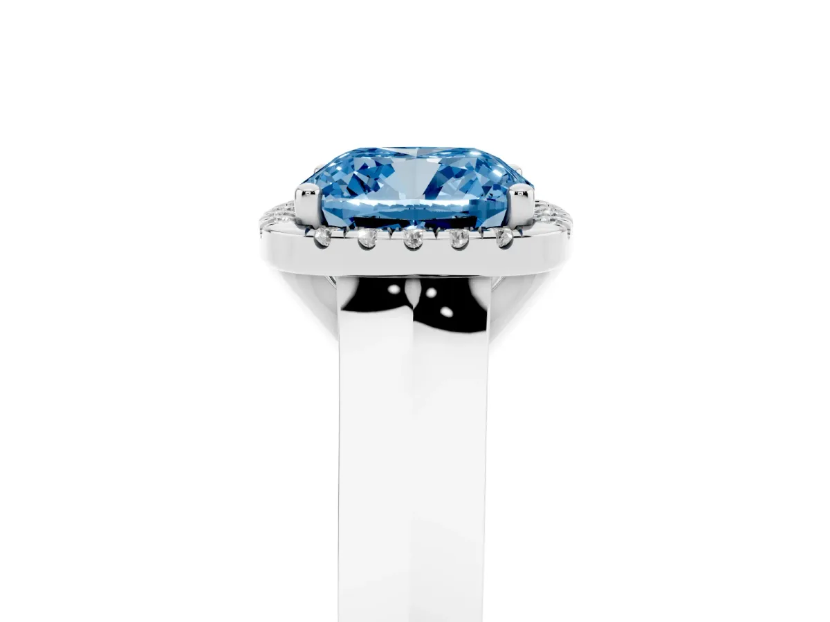 Fancy Blue Cushion Cut Halo Diamond Ring with Cathedral Band and Four-Prong Setting Silver