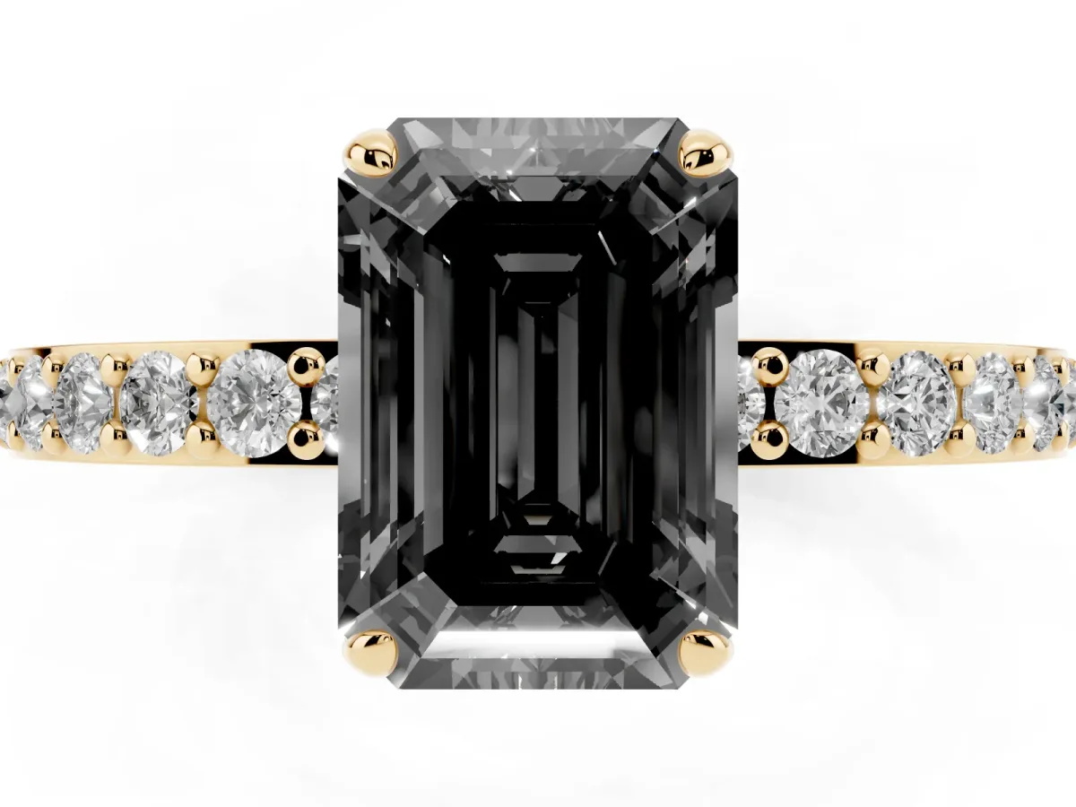 Fancy Black Emerald Cut Diamond Pavé Engagement Ring with Round Accents and Prong Setting Yellow gold
