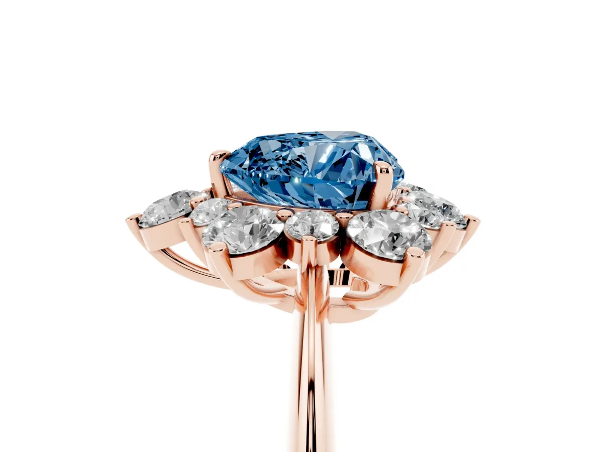 Fancy Blue Heart Cut Diamond Cluster Halo Ring with Solitaire Band and Four-Prong Setting Rose gold