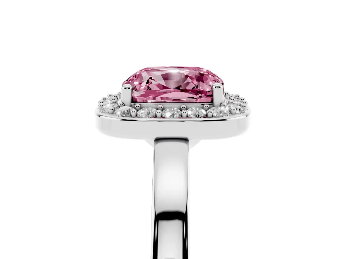 Fancy Pink Cushion Cut Halo Diamond Ring with Solitaire Band and Prong Setting Silver
